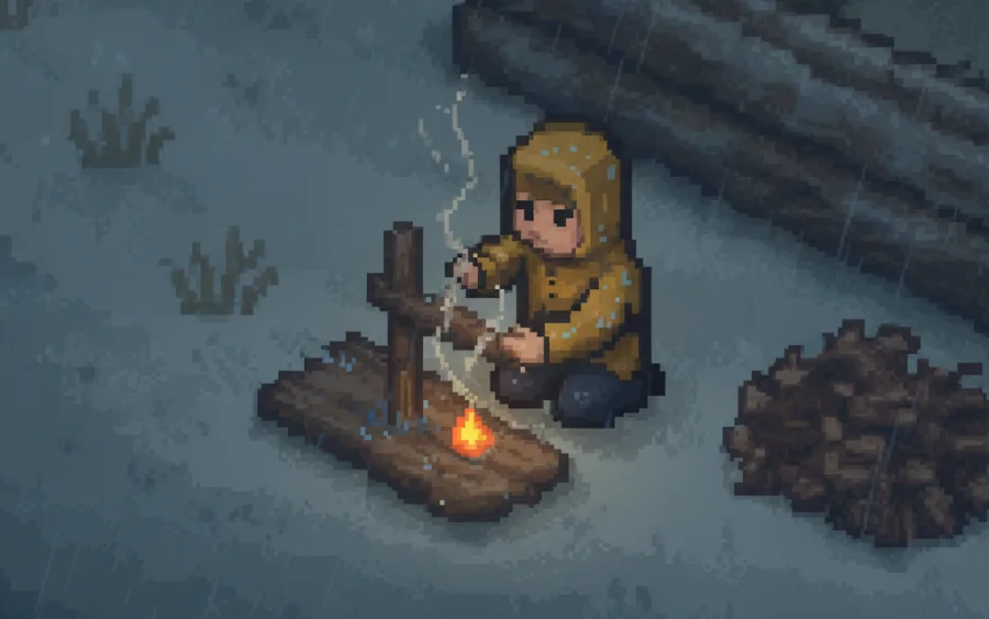 Keep the Ember — a survivor tends a fire in the rain